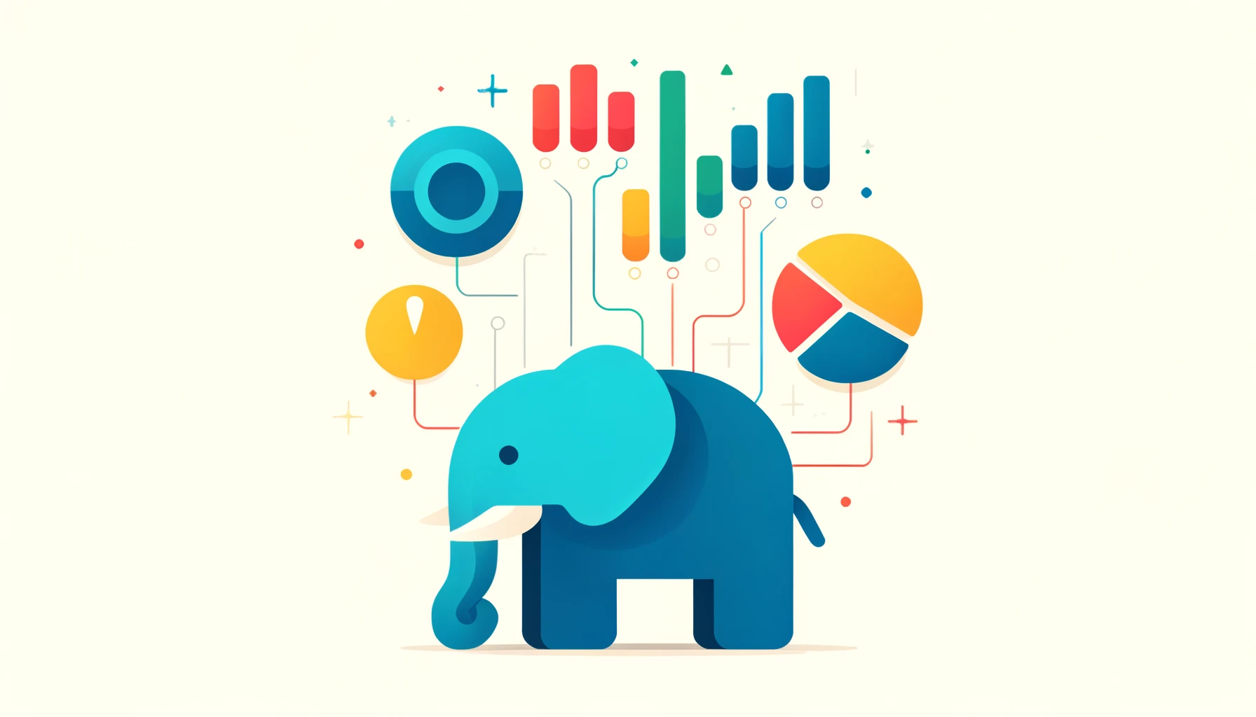 Minimalist flat design illustrating PHP and report generation. A stylized blue elephant, representing PHP, faces towards a series of colorful flat bar charts and pie charts, symbolizing the generation of reports. Thin, flowing lines connect PHP to the charts, indicating data processing and report creation.